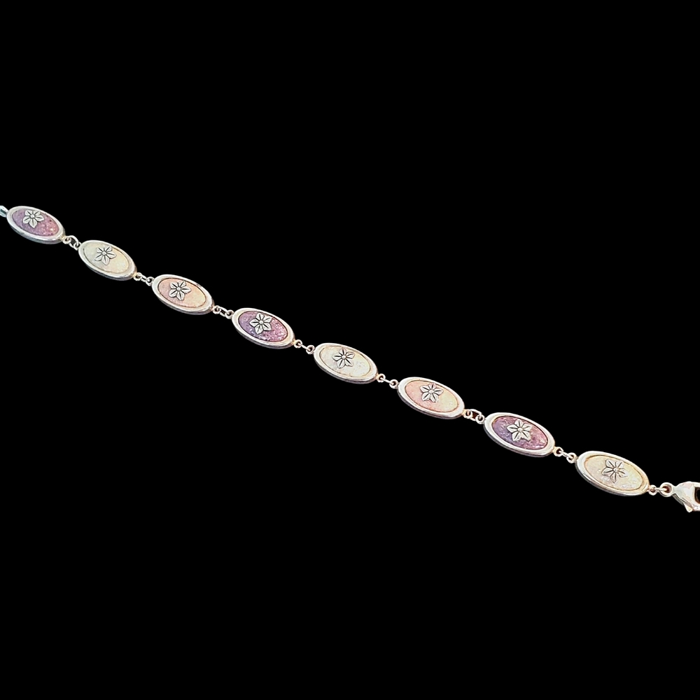 Signed CCO 925 Sterling Silver Multi-Stone Inlay Floral Link Bracelet